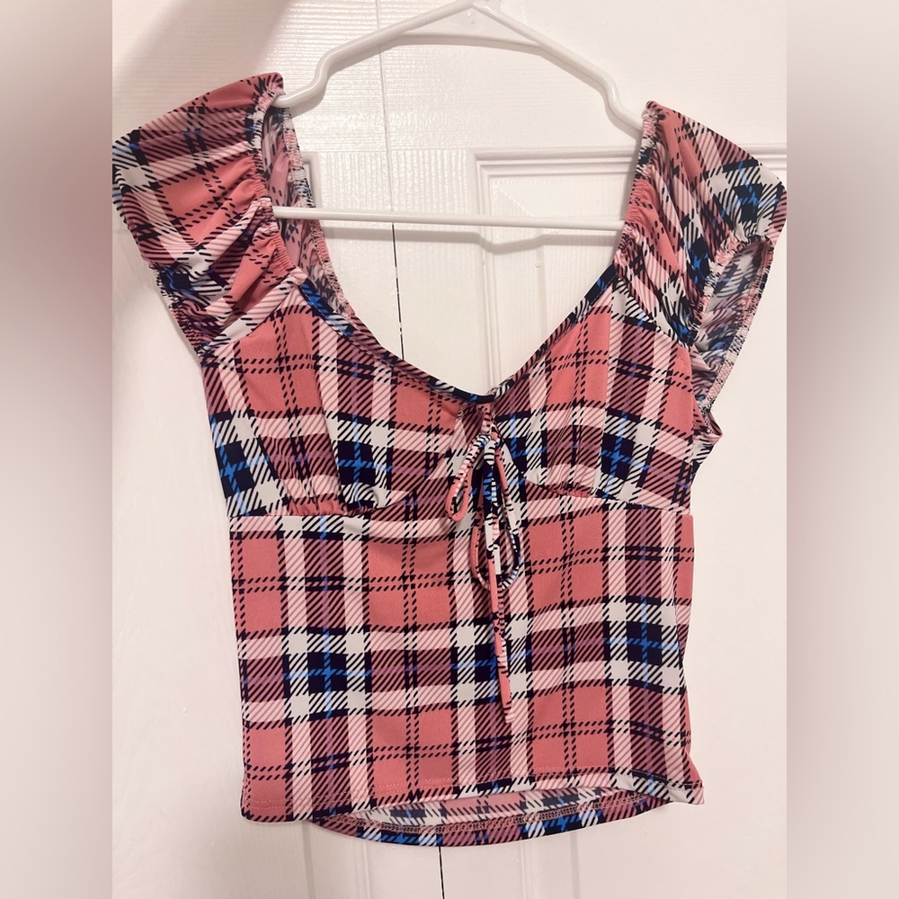 Pink and Blue plaid crop top with string bow adjustable